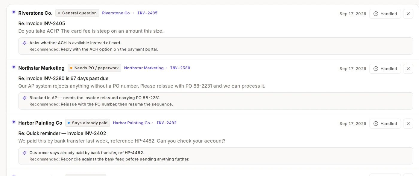 Mugavi inbox showing four customer replies, each tagged by AI (general question, needs PO paperwork, says already paid, will pay by date), with a recommended next step under each one.